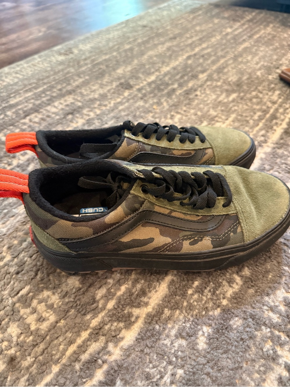 Kids Camo Green Skate Sneakers with Orange Heel Pull Vans